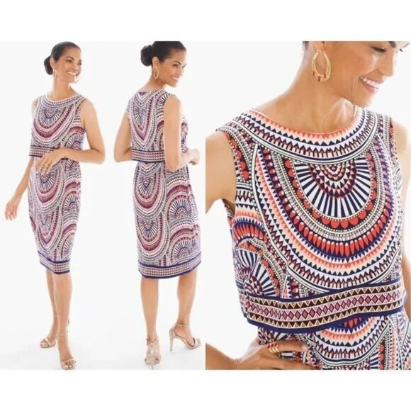 Chico's Size 4 Multicolor Sleeveless Sheath Tribal Disc Dress - Picture 1 of 9